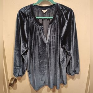 Crown & Ivy Women's Blue Velour Velvet V-neck 3/4 Sleeve Tunic Top Sz XXL Party